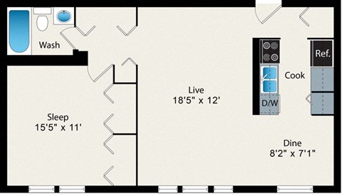 Floor plan for 1 bed, 1 bath, 685 sqft