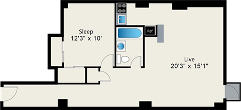 Floor plan for 1 bed, 1 bath, 755 sqft