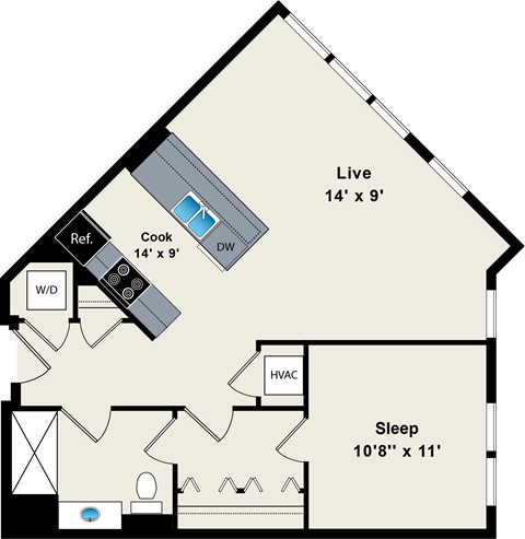 Floor plan for 1 bed, 1 bath, 743 sqft