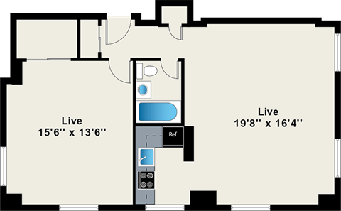 Floor plan for 1 bed, 1 bath, 774 sqft