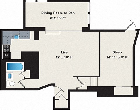 Floor plan for 1 bed, 1 bath, 784 sqft