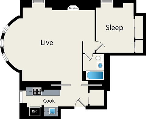 Floor plan for 1 bed, 1 bath, 813 sqft