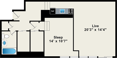 Floor plan for 1 bed, 1 bath, 823 sqft