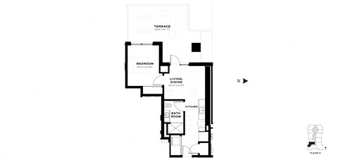 Floor plan for 1 bed, 1 bath, 598 sqft