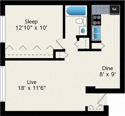 Floor plan for 1 bed, 1 bath, 651 sqft