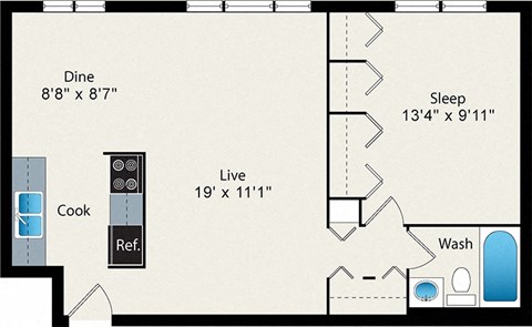 Floor plan for 1 bed, 1 bath, 661 sqft