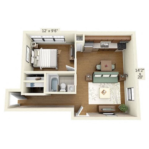 Floor plan for 1 bed, 1 bath, 620 sqft