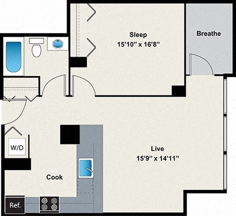 Floor plan for 1 bed, 1 bath, 680 sqft