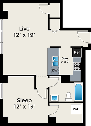 Floor plan for 1 bed, 1 bath, 710 sqft