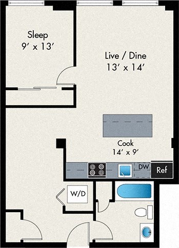 Floor plan for 1 bed, 1 bath, 722 sqft