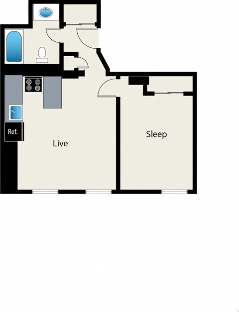 Floor plan for 1 bed, 1 bath, 545 sqft