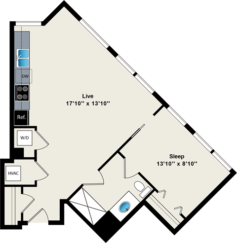Floor plan for 1 bed, 1 bath, 658 sqft