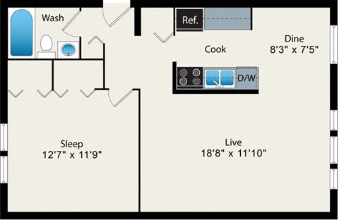 Floor plan for 1 bed, 1 bath, 718 sqft