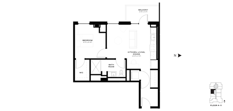 Floor plan for 1 bed, 1 bath, 657 sqft