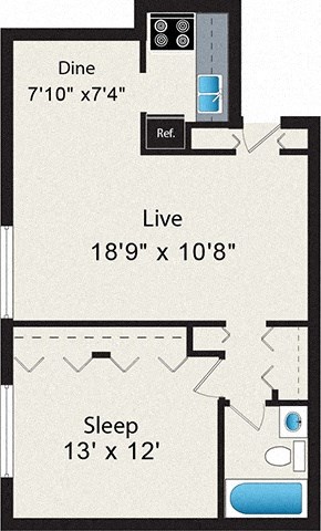 Floor plan for 1 bed, 1 bath, 658 sqft