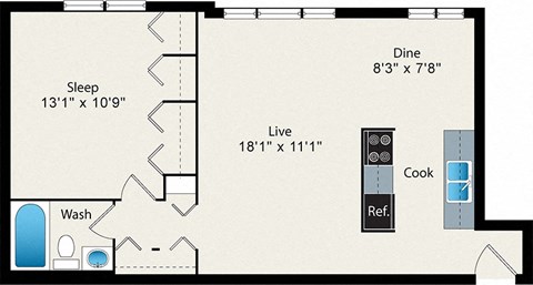 Floor plan for 1 bed, 1 bath, 665 sqft