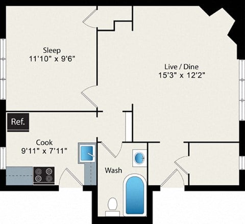 Floor plan for 1 bed, 1 bath, 535 sqft