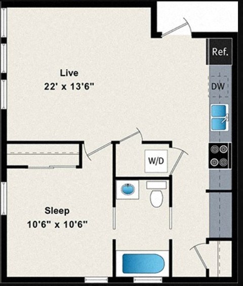 Floor plan for 1 bed, 1 bath, 650 sqft