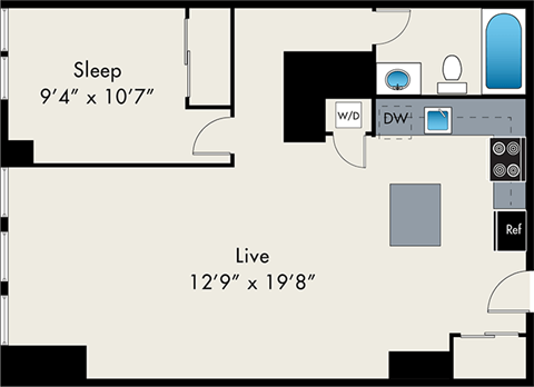 Floor plan for 1 bed, 1 bath, 773 sqft