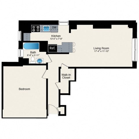 Floor plan for 1 bed, 1 bath, 699 sqft