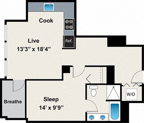 Floor plan for 1 bed, 1 bath, 688 sqft
