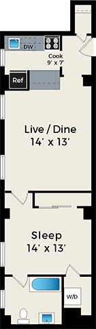 Floor plan for 1 bed, 1 bath, 715 sqft