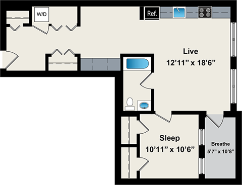 Floor plan for 1 bed, 1 bath, 800 sqft