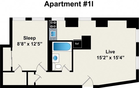 Floor plan for 1 bed, 1 bath, 555 sqft