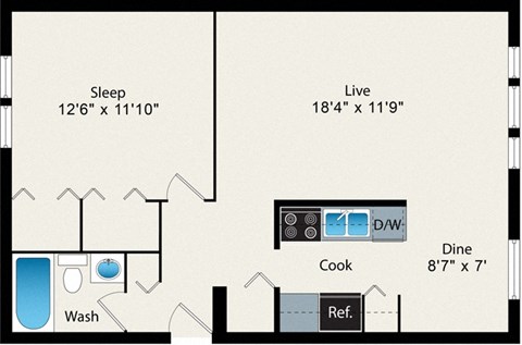 Floor plan for 1 bed, 1 bath, 722 sqft