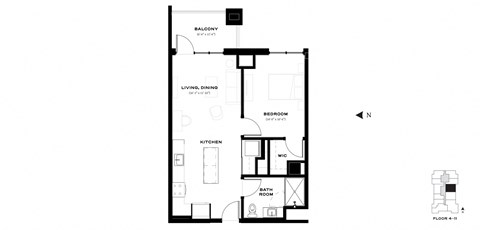 Floor plan for 1 bed, 1 bath, 689 sqft