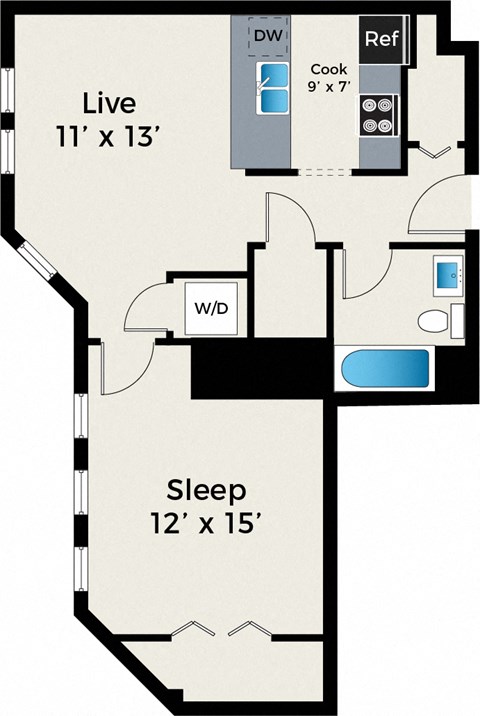Floor plan for 1 bed, 1 bath, 731 sqft