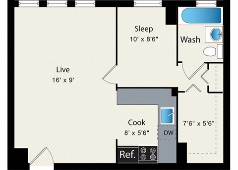 Floor plan for 1 bed, 1 bath, 479 sqft