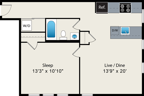 Floor plan for 1 bed, 1 bath, 650 sqft