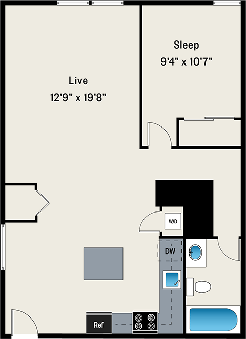 Floor plan for 1 bed, 1 bath, 777 sqft