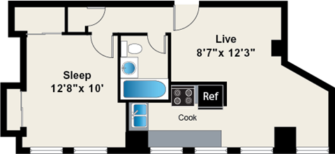 Floor plan for 1 bed, 1 bath, 562 sqft