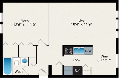 Floor plan for 1 bed, 1 bath, 724 sqft