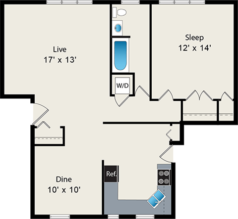 Floor plan for 1 bed, 1 bath, 902 sqft