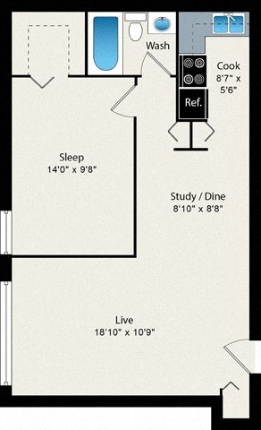 Floor plan for 1 bed, 1 bath, 624 sqft