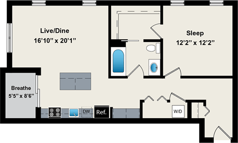 Floor plan for 1 bed, 1 bath, 837 sqft