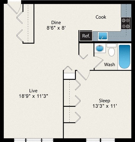 Floor plan for 1 bed, 1 bath, 675 sqft
