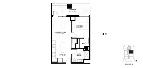 Floor plan for 1 bed, 1 bath, 689 sqft