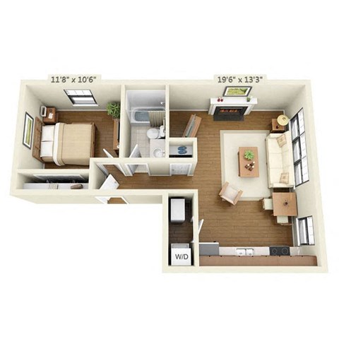 Floor plan for 1 bed, 1 bath, 680 sqft