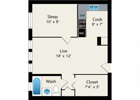Floor plan for 1 bed, 1 bath, 482 sqft