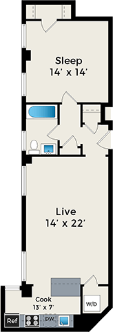 Floor plan for 1 bed, 1 bath, 803 sqft