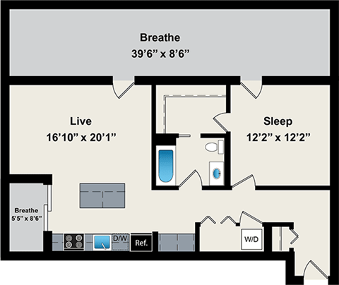 Floor plan for 1 bed, 1 bath, 837 sqft