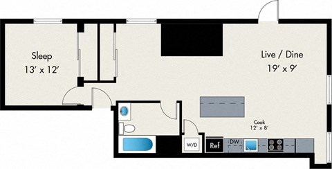 Floor plan for 1 bed, 1 bath, 821 sqft