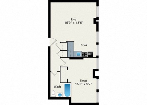 Floor plan for 1 bed, 1 bath, 568 sqft