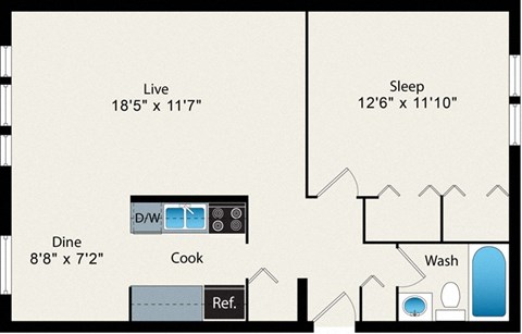 Floor plan for 1 bed, 1 bath, 730 sqft