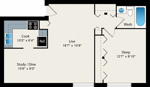 Floor plan for 1 bed, 1 bath, 627 sqft