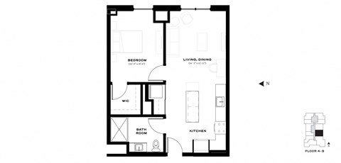 Floor plan for 1 bed, 1 bath, 691 sqft